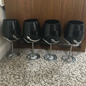 Wine glasses set of 4 Halloween holiday black silver snake